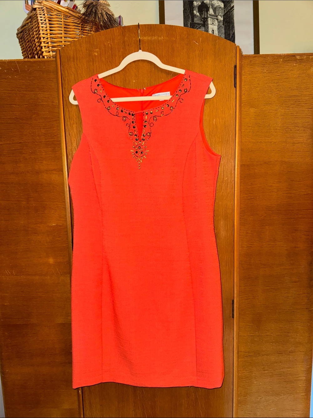 Sandra Darren Coral Sleeveless Beaded Sheath Dress